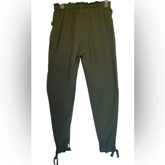 Joggers Paper Bag Waist with Elastic Pockets Side Ankle Tie Olive Green Casual - Picture 4 of 9
